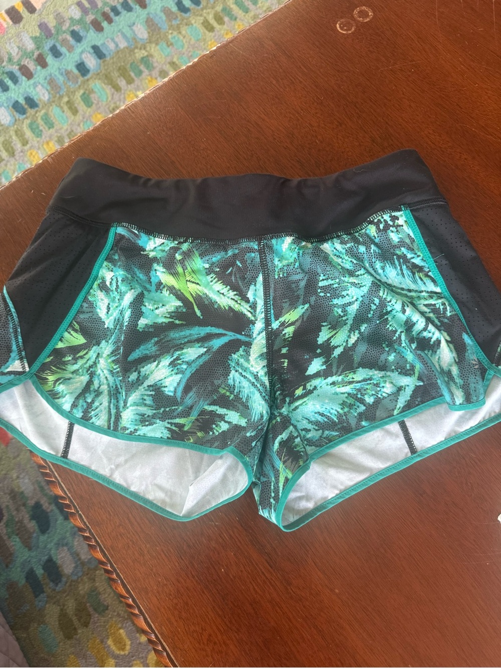 Athleta Teal Palm-Print Mesh Running Shorts